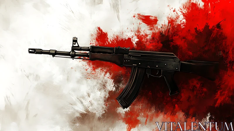 Stark rifle silhouette against a storm of red and white.