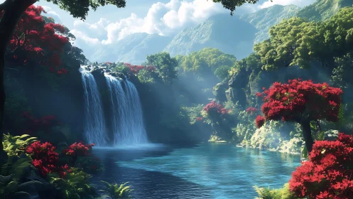 Lush waterfall valley invites calm beside bright red trees