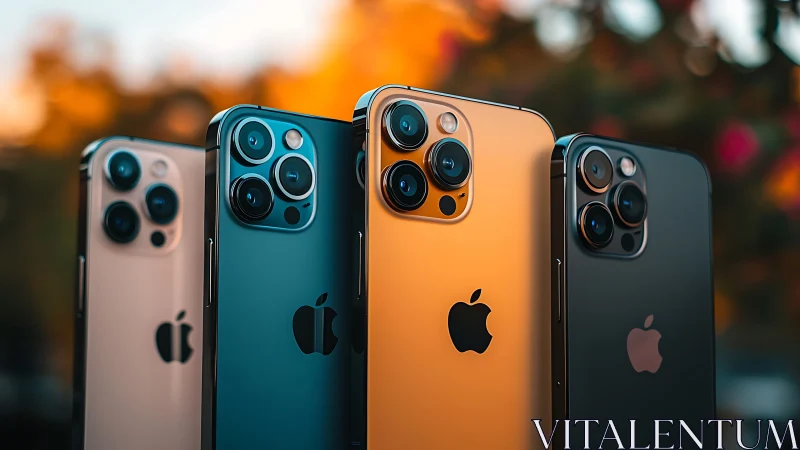 Four modern smartphones stand upright in staggered alignment