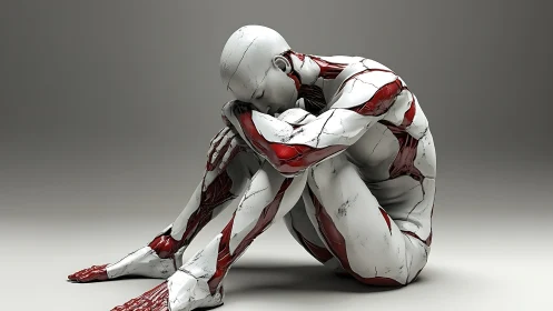 Human-like anatomical figure seated in compact curled pose.