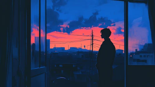 Silhouetted figure observes neon dusk skyline through window