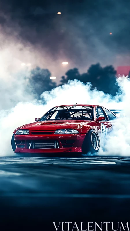 Red drift car slicing through neon smoke at nightfall.