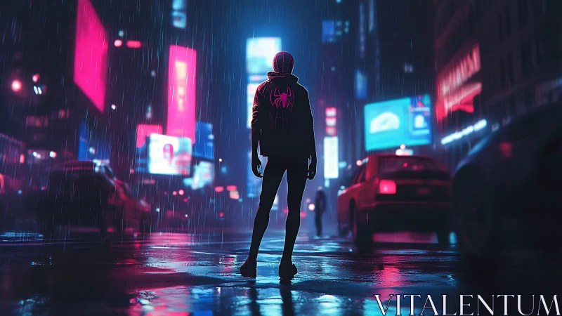 Neon‑lit urban vigilante silhouette in cinematic rain cityscape.