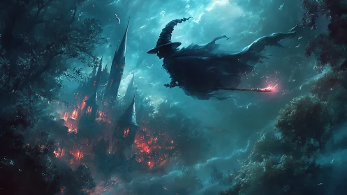 Dark mage soars above a burning gothic castle in stormy sky