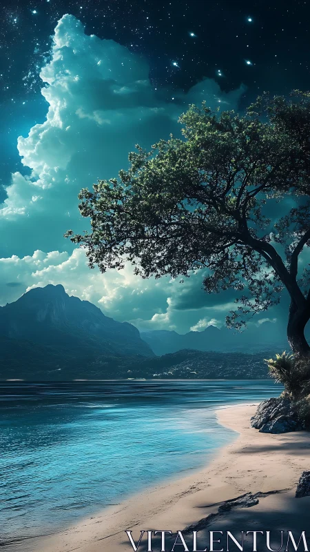 Nocturnal coastal landscape uniting celestial sky and luminous surf