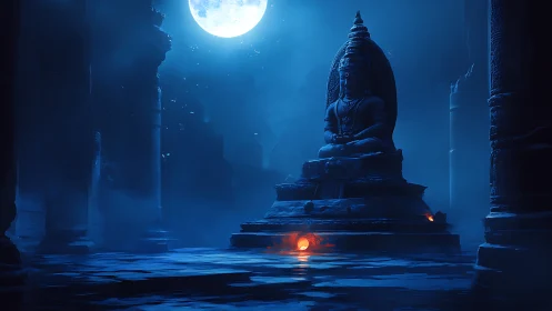 Moonlit temple deity in tranquil blue mist at midnight.