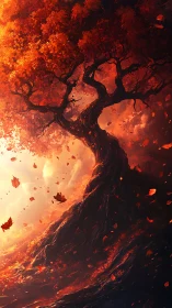 Ember crowned autumn tree swirling in molten sunset sky.