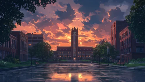 Sunset-lit campus clocktower over reflective quad path.