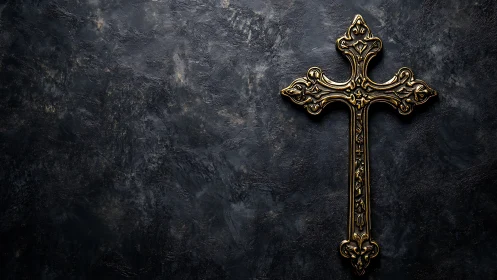 Ornate gilded cross on textured dark stone background.