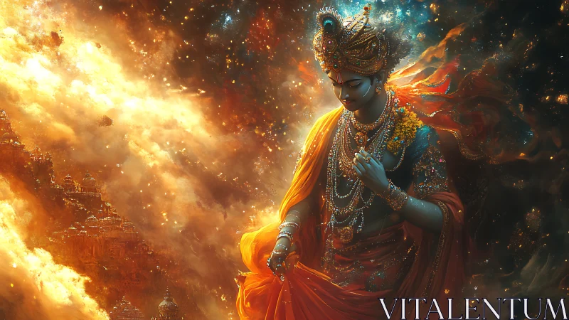 Radiant cosmic deity walks through swirling golden nebula