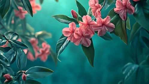 Pink Azaleas Dance Against Turquoise Sky.