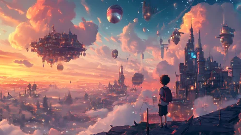 Cloud-striding kid watches floating neon cities ignite dusk