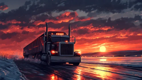 Articulated semi-truck crosses icy highway at high-contrast sunset