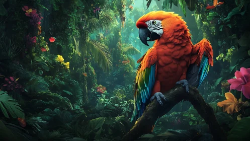 Scarlet macaw perched in lush digital jungle scene.
