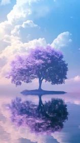 Solitary violet tree mirrored on calm reflective water.