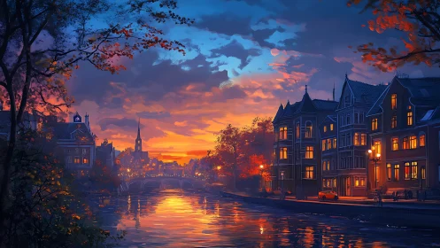 Canal-side urban skyline under vivid sunset sky at dusk.