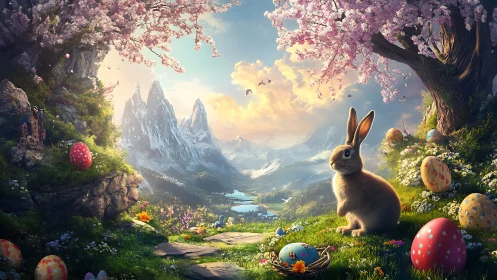 Easter rabbit among painted eggs in bright mountain valley.