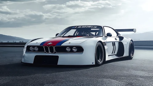 Low white BMW race car with M stripes on open racetrack.