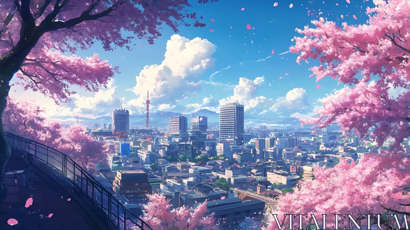 Cherry blossom skyline overlooking serene spring cityscape.