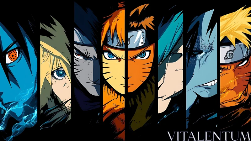 Segmented close-up collage of stylized ninja faces in rows.