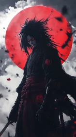 Dark warrior with glowing eyes stands before large red moon