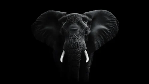 Close-up portrait of a dark elephant head on black background.