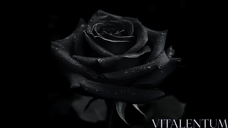 Black rose macro glistens with dewdrops on velvet petals.