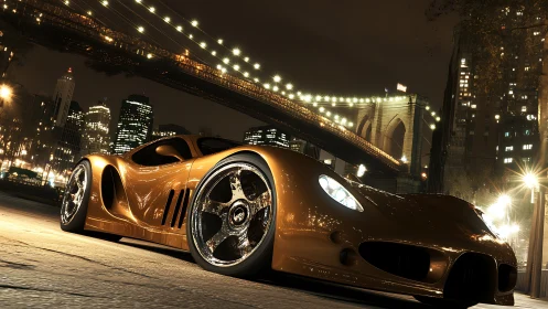 Low-angle render shows golden supercar under city bridge lights