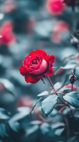 Red rose bloom with selective focus among foliage