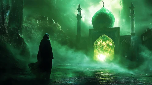 Emerald portal mosque glows as cloaked wanderer nears destiny.