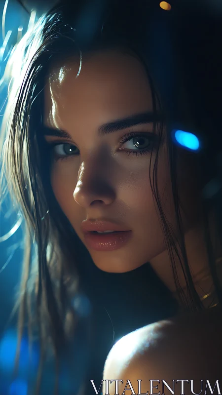 Neon-kissed gaze in cinematic midnight shimmer portrait.