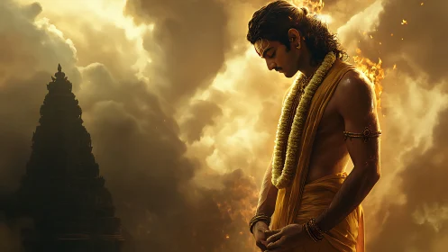 Devotional figure in golden light beside looming temple silhouette