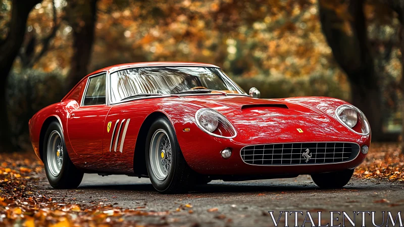 Classic red Ferrari coupe under golden autumn canopy.