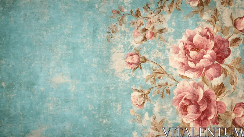 Vintage floral wallpaper shows pink peonies on worn teal ground