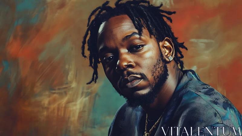 Portrait shows man with short dreads against blurred colors