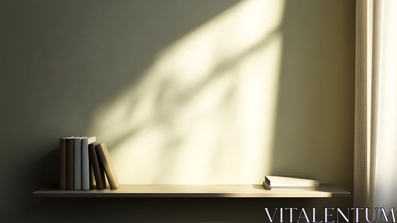 Soft morning light falls across a minimalist bookshelf scene.
