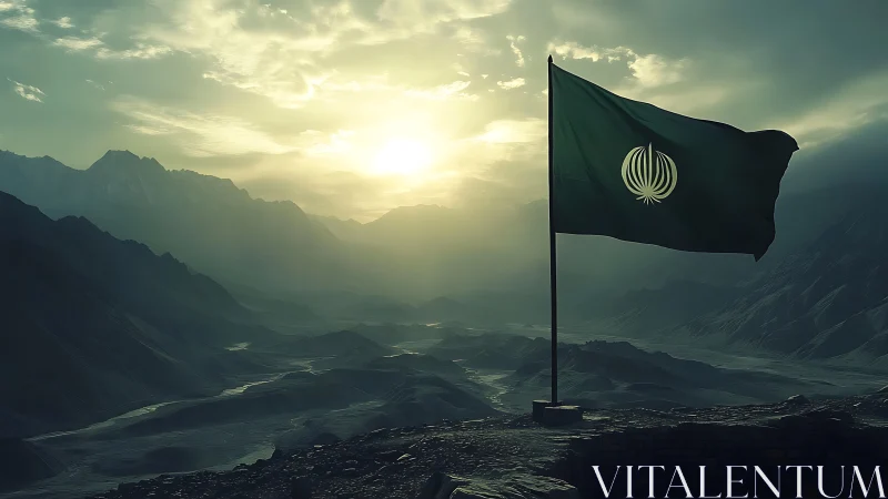 Flag in atmospheric mountain valley under backlit sunrise haze