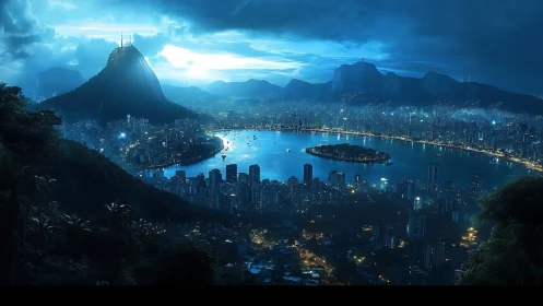 Moonlit coastal city glows gently between sea and mountains