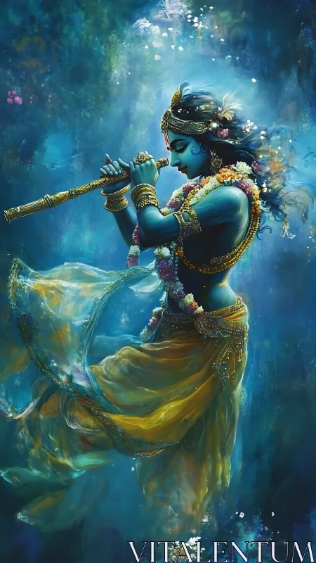 Blue-skinned figure playing flute in luminous water scene.