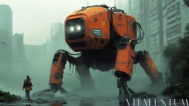 Orange quadruped mech confronts lone figure in misty ruins