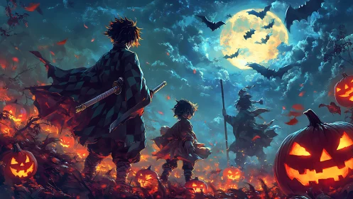 Moonlit pumpkin quest with brave kids and swirling bats.