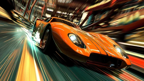 Sleek orange racer streaking through a glowing city night.