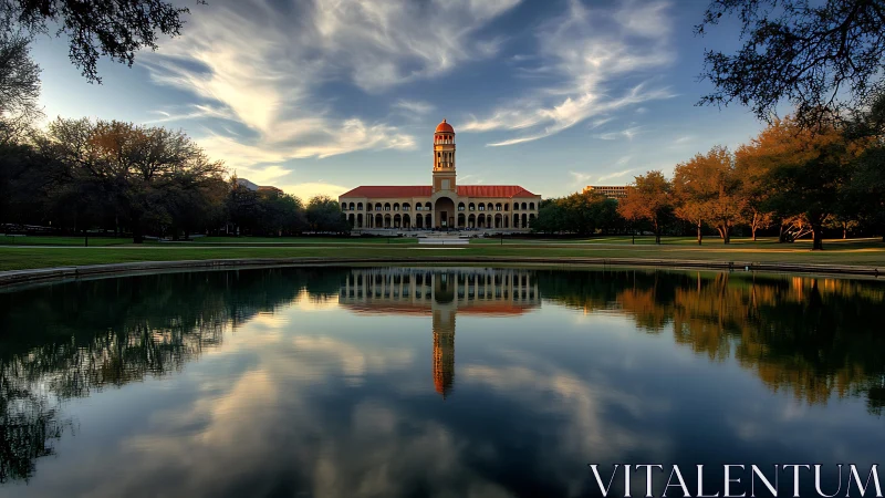 Symmetrical campus architecture with reflective sunset pool view.