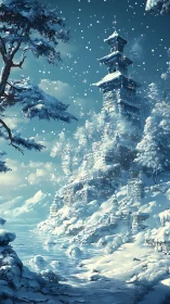 Snow covered pagoda overlooks frozen river under falling snow