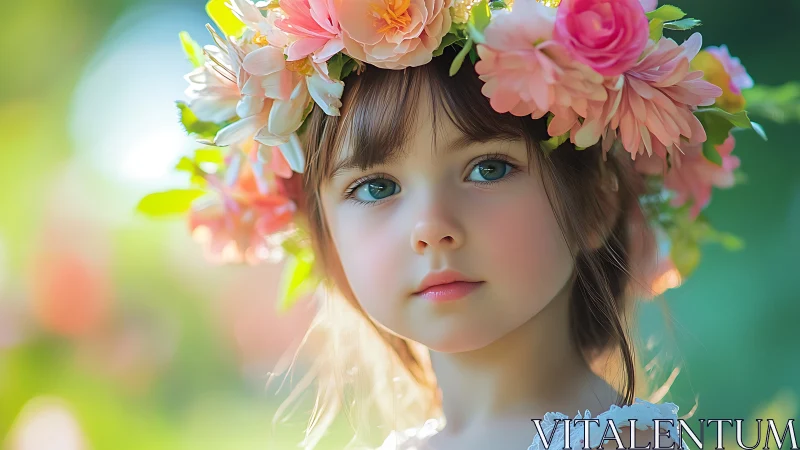 Young girl with floral crown in sunlit garden scene