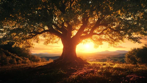 Large deciduous tree against low sunset over rural valley.