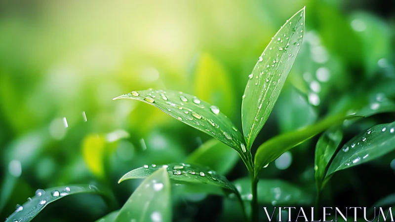 Morning dew crowns bright green leaves in soft forest hush.