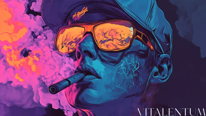 Neon-lit vape user exhales vivid cyberpunk smoke clouds.