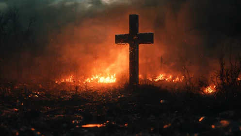 Burning Cross in Scorched Earth Landscape.