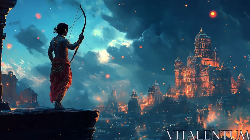 Heroic archer overlooking a glowing stormlit fantasy city.